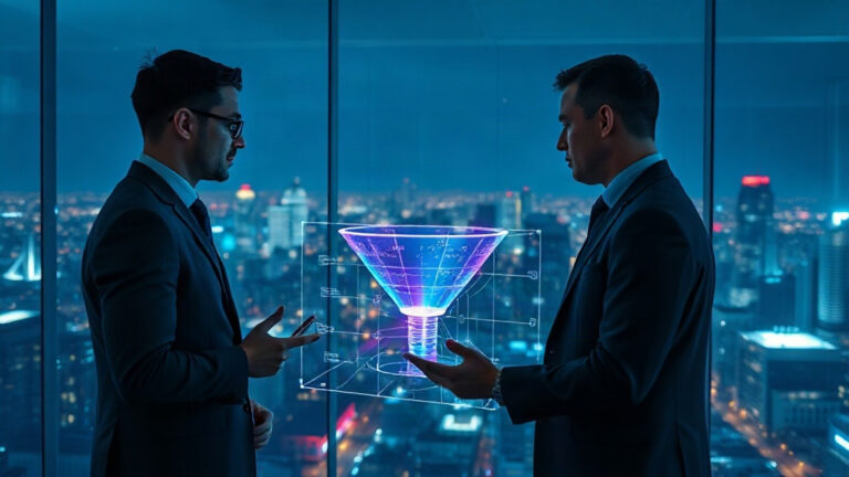 Executivos corporativos analisando funil de macrocaptação digital e pipeline de vendas